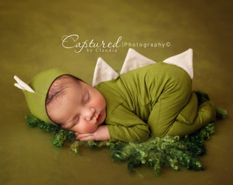 Newborn Dinosaur Pajama Set /Newborn Prop Set / Bonnet and Footie Romper