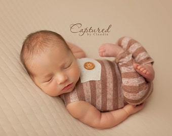 Newborn Boy Long Leg Romper /Newborn Onesie Prop / Neutral Stripes / Heart Button