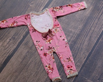 Newborn Floral Long Sleeve Romper / Open Back Onesie with Long sleeve and Long Legs / Muave