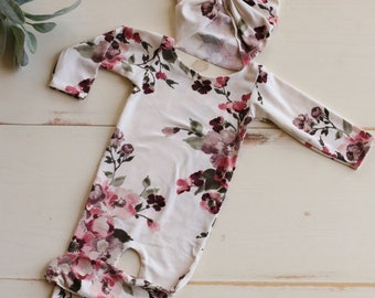 Newborn Floral Turban and Pajama Set /Newborn Prop Set / Turban Hat and Footie Romper