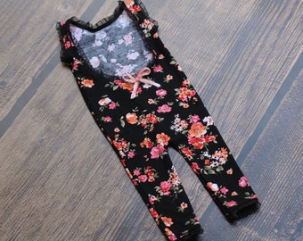 Newborn Long Leg Romper / Newborn Romper / Open Back Onesie / Black Floral