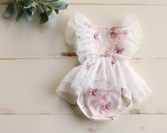 Pink and Black Butterfly Gardenia Sitter Romper / 6-12 months / Cake Smash Outfit / Dress