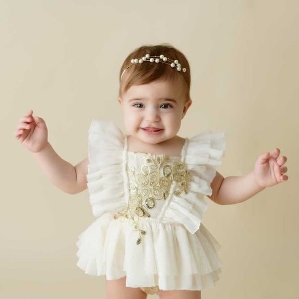 Gold Leaf Gardenia Sitter Romper / 6-12 months / Cake Smash Outfit / Dress