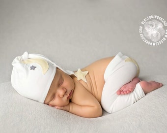 Newborn Knot Hat and Pant Set / Star and Moon Prop Set / Moon Pants/ Night Cap hat and Pant Set