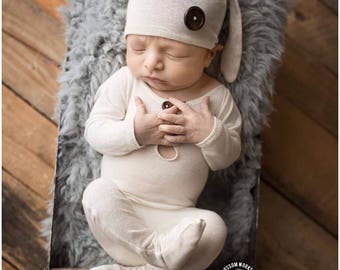 Newborn Knot Hat and Pajama Set /Newborn Prop Set / Night Cap hat and Footie Romper