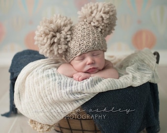 Crochet Baby Hat/ Newborn Photography Prop/ Double Pom Pom Beanie/ 100% Natural Chunky Wool