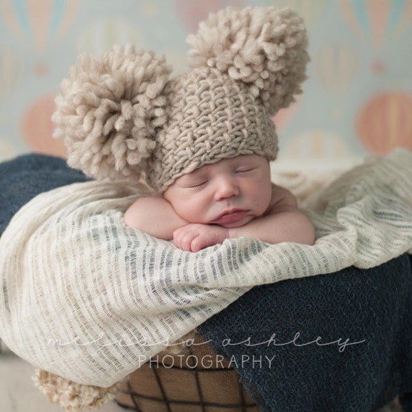 Crochet Baby Hat/ Newborn Photography Prop/ Double Pom Pom Beanie/ 100% Natural Chunky Wool