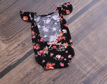 Newborn Floral Flutter Sleeve Romper / Open Back Onesie with Flutter sleeves  / Black