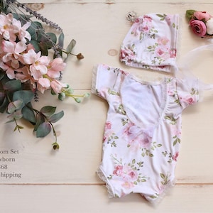 Newborn Floral Romper with Matching Headband and Bonnet