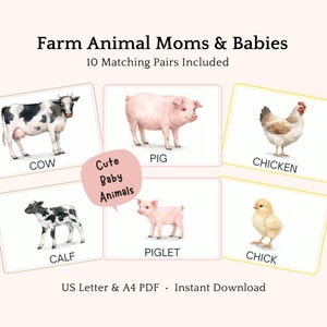 May include: A set of illustrated flashcards featuring farm animal mothers and babies. The cards include a cow, calf, pig, piglet, chicken, and chick. The text on the cards reads "Farm Animal Moms & Babies" and "Cute Baby Animals".