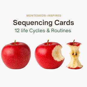 May include: Image of sequencing cards with three red apples illustrating the life cycle of an apple. The text reads "Sequencing Cards 12 life Cycles & Routines" and "Montessori-Inspired". One apple is whole, one is partially eaten, and one is a core.