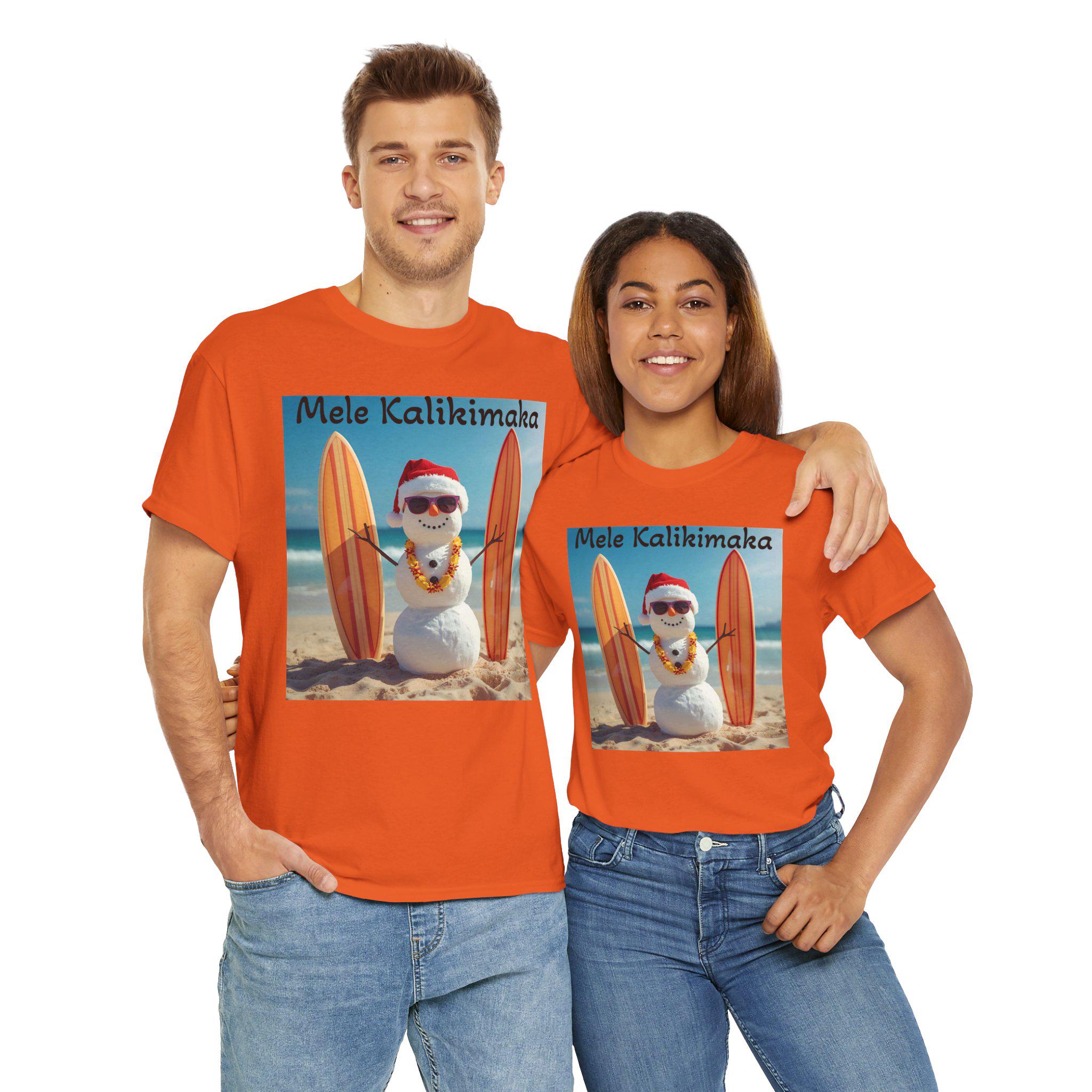 Mele Kalikimaka Surfing Snowman Tee: Hawaiian Christmas Unisex T
