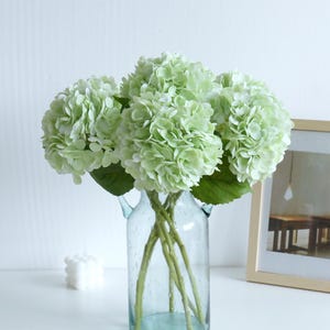 May include: A bunch of pale green hydrangea flowers in a clear glass vase. The flowers have multiple layers of petals. A framed picture and a white cube candle are also on the white surface.