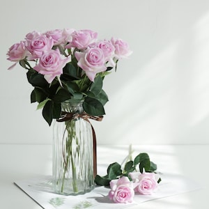 May include: A clear glass vase with a brown ribbon holds a bouquet of light pink roses with green leaves. Two additional roses lie on a white surface. The background is a white wall with shadows.