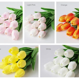 Puede incluir: Ramos de tulipanes artificiales en rosa, rosa claro, naranja, amarillo y blanco. Cada exhibici&oacute;n muestra m&uacute;ltiples flores de tulip&aacute;n con hojas verdes. Ideal para decoraci&oacute;n del hogar o proyectos de manualidades.