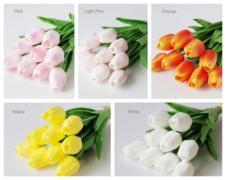 Puede incluir: Ramos de tulipanes artificiales en rosa, rosa claro, naranja, amarillo y blanco. Cada exhibici&oacute;n muestra m&uacute;ltiples flores de tulip&aacute;n con hojas verdes. Ideal para decoraci&oacute;n del hogar o proyectos de manualidades.