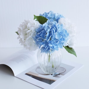 May include: A clear glass vase filled with white and blue hydrangea flowers. The vase sits on a white surface, with an open book in the foreground. The flowers have green leaves.