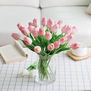 Puede incluir: Un ramo de tulipanes rosas en un jarr&oacute;n de cristal transparente. Los tulipanes tienen tallos y hojas verdes. El jarr&oacute;n est&aacute; sobre una mesa con un mantel a cuadros azules y blancos. Tambi&eacute;n hay un libro y un cuenco blanco.