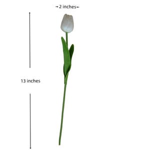 Puede incluir: Un solo tulip&aacute;n artificial con una flor blanca y un tallo y hojas verdes. La flor mide aproximadamente 5 cm de largo, y el tallo entero mide 33 cm de largo.