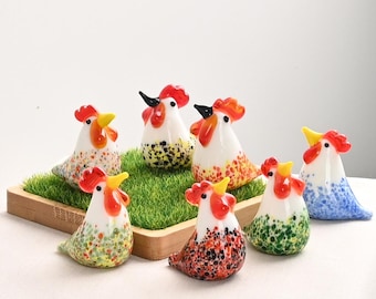 Hand Blown Glass Rooster Mini Figurine, Colorful Chicken Desk Decor