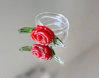 Handmade Glass Rose Ring – Valentine’s Day Gift for Her, Lampwork Floral Glass Jewelry