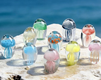 Hand Blown Glass Jellyfish Paperweight – Crystal Ocean Art Orb, High Lead Glass Decor
