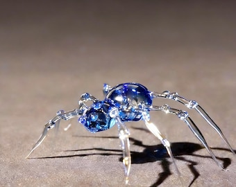 Handmade Glass Spider Sculpture – Blue Art Glass Insect Figurine Collectible Decor