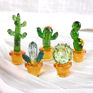Handmade Glass Cactus Figurine | Mini Plant Desk Decor