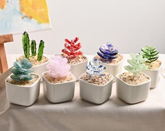 Fused Glass Cactus Pots Set | Miniature Stained Glass Succulents