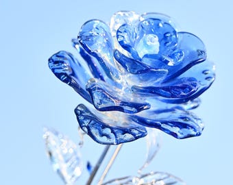 Handmade Blue Glass Rose, Crystal Flower, Romantic Home Decor, Anniversary Keepsake