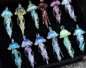 Handmade Glass Jellyfish Pendant, Lampwork Ocean Jewelry, Colorful Unique Glass Necklace