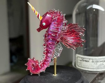 Handmade Glass Seahorse, Unique Glass Animal Sculpture, Decorative Seahorse Figurine with Glass Dome