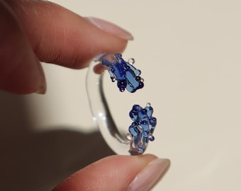 Handmade Glass Open Ring – Blue Splash Droplet Ends, Clear Band Lampwork Minimal Statement, Unique Gift