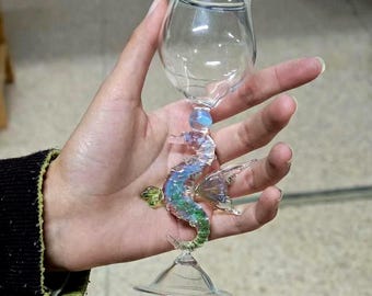 Handmade Seahorse Glass Goblet – Ocean Art Wine Cup, Blown Glass Coastal Decor