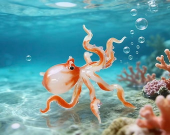 Handmade Glass Octopus Figurine – Lampwork Blown Glass Ocean Sculpture, Mini Sea Creature Art Decor