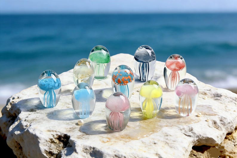 Hand Blown Glass Jellyfish Paperweight – Crystal Ocean Art Orb, High ...