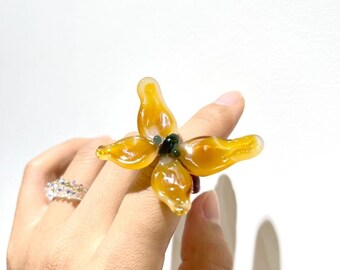 Handmade Amber Glass Flower Ring – Bold Lampwork Petal Statement, Sculptural Cocktail Jewelry, Unique Gift
