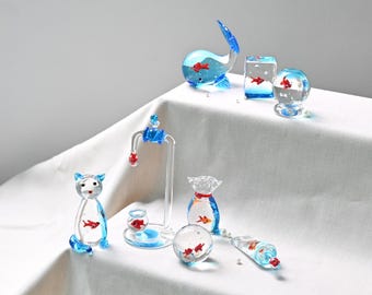 Handmade Glass Ocean Figurines, Coastal Home Decor Set