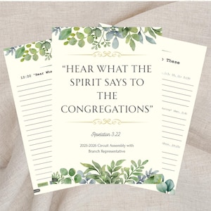 May include: Notebooks with the text "Hear What the Spirit Says to the Congregations" and "2025-2026 Circuit Assembly". The notebooks have a cream-colored background with green and blue watercolor leaf accents.