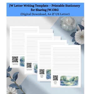 Op de afbeelding: Witte gelijnde briefpapier vellen met een aquarel landschapsontwerp en QR-codes. De tekst bovenaan luidt "JW Letter Writing Template - Printable Stationery for Sharing JW.ORG". Inclusief A4- en US Letter-formaten.