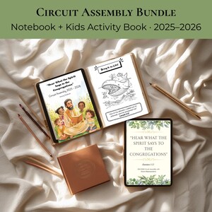 May include: A bundle of Circuit Assembly materials, including a notebook, a kids' activity book, and a small brown book. The notebook and activity book feature the text "Hear What the Spirit Says to the Congregations" and "Bring it to Life!" respectively. Pencils are also present.