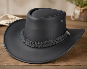 Cowboy Leather Hat, 100% Leather, Western Style With Chinstrap