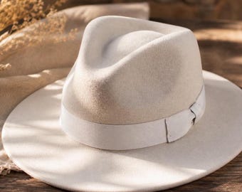 Sombrero Fedora de fieltro 100% lana / Sombrero clásico de ala ancha, ideal para viajar.