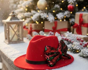 Sombrero navideño, sombrero fedora de fieltro de lana – Ala ancha plegable con cinta de cuero