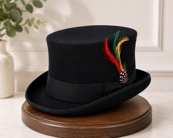 Dapper Wool Felt Top Hat Classic Formal Wear with Removable Feather Steampunk