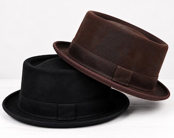 Kapelusz typu Pork Pie z prawdziwej skóry owczej | Krótki kapelusz fedora w stylu vintage, Wielka Brytania