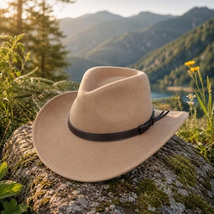 May include: A beige cowboy hat with a dark brown leather band. The hat is set on a mossy rock, with a mountain and lake backdrop. The hat has a wide brim and a slightly indented crown. The hat's design is classic.