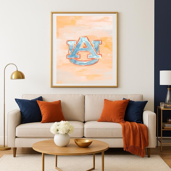 Auburn University Watercolor Logo Print: Orange & Blue Dorm Decor 