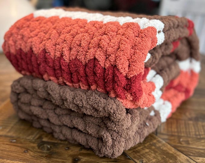Pumpkin Spice Chunky Knit Blanket | Handmade Cozy Fall Throw | Autumn Home Décor Blanket