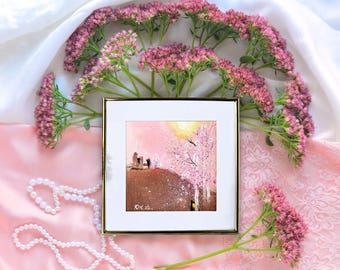 Original Cherry Blossom Sunset Oil Painting 7x7, Pink Spring Landscape Art, Small Textured Wall Art,  Housewarming Gift